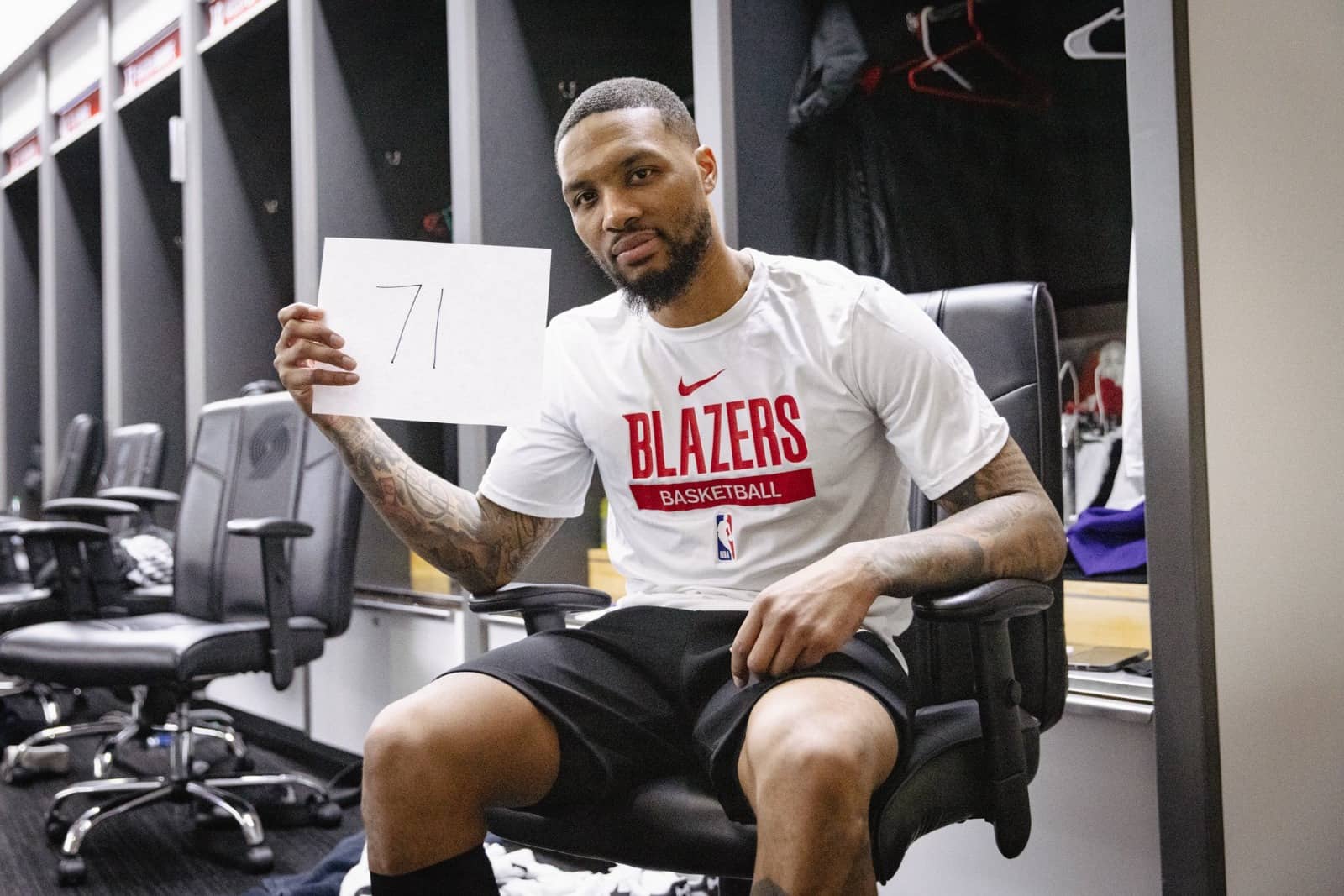 Damian Lillard sujetando un papel donde se puede ller 71